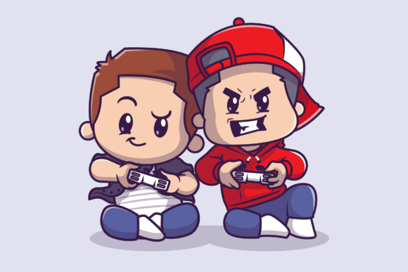 Cute Couple Boy Playing Game Cartoon: Graphics & Illustrations
