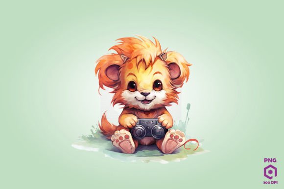 Lion Playing Video Game: Graphics & Illustrations