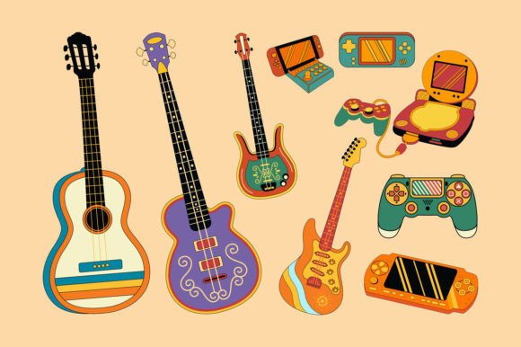 Set of Video Game Consoles and Guitars Graphics